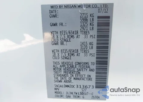 2013 Infiniti Jx35 z USA, uszkodzony, nr VIN 5N1AL0MM2DC313673